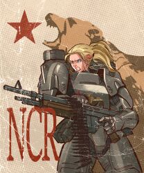  1girl ammunition_belt armor bear blonde_hair blue_eyes commentary emirh92 english_commentary fallout fallout:_new_vegas gun highres light_machine_gun machine_gun ncr_trooper new_california_republic ponytail poster_(medium) power_armor solo teeth weapon 