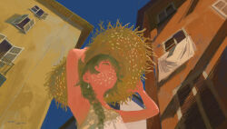  1girl armpits arms_up blue_sky braid building clear_sky closed_mouth dated day from_below green_hair hair_over_shoulder hands_on_headwear hat highres looking_up original outdoors sky sleeveless solo straw_hat window_shutter xilmo yellow_eyes 