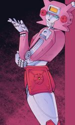  1girl armor autobot blue_eyes elita_one hambalbee helmet highres humanoid_robot metal_skin pink_armor pink_helmet robot robot_girl science_fiction thighs transformers transformers:_generation_1 
