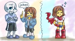  1boy 1other 2015 2d ambiguous_gender aqua_slippers armor black_shorts blue_jacket blue_shirt blue_shorts blue_slippers boots brothers brown_hair cape child comic_sans commentary cosplay crossed_arms digital_media duo english_commentary frisk_(undertale) full_body gloves grey_hood hand_in_pocket hand_on_own_hip height_difference hollow_eyes hood hood_down hooded_jacket human humanoid index_finger_raised jacket male midriff monster monster_boy multicolored_background navel open_clothes open_jacket papyrus_(undertale)_(cosplay) red_boots red_cape red_gloves sans_(undertale) sans_(undertale)_(cosplay) shirt shirt_tucked_in short_hair shorts siblings simple_background single_vertical_stripe skeleton slippers socks sparkle speech_bubble standing striped_shorts teeth text toono undead undertale utdr_(toby_fox) vertical-striped_clothes vertical-striped_shorts white_armor white_shirt white_socks white_stripes 