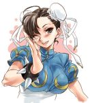  brown_eyes brown_hair bun_cover capcom china_dress chinadress chinese_clothes chun-li double_bun double_buns jewelry spiked_bracelet spikes street_fighter wink 
