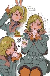  1other animal aqua_coat aqua_shorts arm_up belt blush carrot chibi chibi_inset coat commentary_request cowboy_shot curtained_hair fingerless_gloves gloves gnosia green_hair hair_ornament hairclip hands_up heart high_collar highres holding holding_animal holding_rabbit long_sleeves multiple_views open_mouth orange_gloves orange_pantyhose other_focus pantyhose partially_fingerless_gloves profile rabbit setsu_(gnosia) short_hair shorts sitting strap surround_sara_udon turtleneck upper_body 