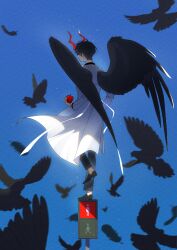  1boy absurdres apple bird black_hair black_shirt black_wings blue_sky clear_sky coat commentary_request crow day demon_horns elzfbrvsnr30247 falling_feathers feathered_wings feathers food fruit full_body highres holding holding_food holding_fruit horns kim_dokja male_focus omniscient_reader's_viewpoint open_clothes open_coat outdoors pedestrian_lights shirt short_hair sky solo standing standing_on_one_leg too_many too_many_birds white_coat wings 
