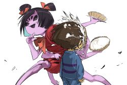  1girl 1other 2019 2d ambiguous_gender ankle_boots anthro arachnid arthropod arthropod_girl black_hair black_sclera blue_shirt blue_shorts boots bow brown_boots brown_hair child colored_sclera digital_media double_horizontal_stripe extra_arms extra_eyes fangs female female_only food food_on_face frisk_(undertale) hair_bow highres horizontal-striped_clothes human monster monster_girl muffet pink_stripes puffy_short_sleeves puffy_shorts puffy_sleeves purple_skin red_bow seki_(vcyr2733) shirt short_hair short_twintails shorts simple_background solo spider spider_girl striped_clothes striped_shirt twintails two-tone_shirt undertale utdr_(toby_fox) white_background 