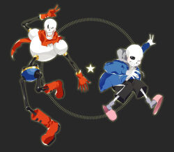  2021 2boys 2d armor black_shorts blue_jacket blue_shorts boots brothers cape digital_media duo full_body gloves grey_background grey_hood height_difference hood hood_down hooded_jacket humanoid jacket male male_focus male_only monster monster_boy multiple_boys open_clothes open_jacket papyrus_(undertale) pink_slippers red_boots red_cape red_gloves sakito_(mg_1016) sans_(undertale) shirt shorts siblings simple_background skeleton slippers socks striped_shorts teeth undead undertale utdr_(toby_fox) white_armor white_shirt white_socks white_stripes 