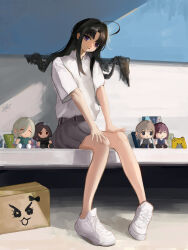  1girl absurdres ahoge annotated awa_subaru black_hair box cardboard_box character_doll chinese_commentary commentary_request doll ebizuka_tomo girls_band_cry grey_skirt hair_ribbon highres iseri_nina kawaragi_momoka long_hair looking_at_viewer pleated_skirt ribbon rupa_(girls_band_cry) shirt shoes short_hair sidelocks sitting skirt violet_eyes white_ribbon white_shirt white_shoes y_feng_l 