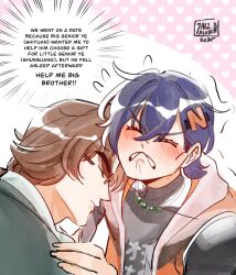  1boy 1girl 7aizagatha belle_(zenless_zone_zero) black_shirt blue_hair blush brown_hair closed_eyes closed_mouth dated english_text flying_sweatdrops glasses green_suit hair_between_eyes hair_ornament hand_on_another's_shoulder hashtag-only_commentary heart heart_print highres jewelry letter_hair_ornament long_hair necklace parted_lips pink_background print_shirt shirt short_hair suit trembling two-tone_background v-shaped_eyebrows white_background ye_shiyuan zenless_zone_zero 