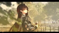  1girl absurdres arm_cutout artist_logo black_choker black_hair black_jacket box chisa_(wuthering_waves) choker clothing_cutout commentary english_commentary food food_in_mouth from_side hair_ribbon highres holding holding_box jacket letterboxed logo long_hair long_sleeves looking_at_viewer looking_to_the_side outdoors pocky pocky_in_mouth qurami red_eyes red_ribbon ribbon sailor_collar sideways_glance solo upper_body white_sailor_collar wuthering_waves 