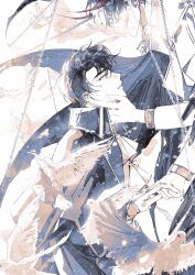  2boys bird black_coat black_hair chain coat demon_horns dove epaulettes frills hand_on_another's_face highres holding_hands horns kim_dokja looking_at_another male_focus multiple_boys omniscient_reader's_viewpoint open_clothes open_coat parted_lips popped_collar ricardo_von_kaizenix scar scar_across_eye scar_on_face schweichen_von_kaizenix short_hair too_many too_many_birds twle white_coat yoo_joonghyuk 