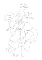  2018 2boys 2d armor brothers cape clinging cowboy_shot digital_media duo english_text gloves height_difference hood hood_down hooded_jacket hug humanoid jacket male male_focus male_only monochrome monster monster_boy multiple_boys open_clothes open_jacket papyrus_(undertale) sans_(undertale) shorts siblings simple_background skeleton sketch slippers speech_bubble standing tears teeth text undead undertale utdr_(toby_fox) white_background zwagyzonk 