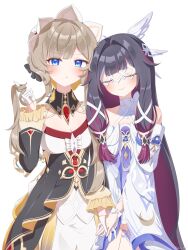  2girls absurdres bare_shoulders black_collar black_dress black_hair black_sleeves blue_eyes blush bow bowtie brown_hair center_frills closed_eyes closed_mouth collar colored_inner_hair columbina_(genshin_impact) commentary cowboy_shot detached_collar detached_sleeves dress eye_mask frilled_dress frills gem genshin_impact gloves hair_intakes hair_ribbon head_wings headdress highres holding_hands kokoaji_(koko_aj1) long_hair mask multicolored_dress multicolored_hair multiple_girls multiple_wings playing_with_own_hair purple_hair red_gemstone ribbon sandrone_(genshin_impact) simple_background smile strapless strapless_dress symbol-only_commentary thigh_strap twirling_hair two-tone_hair very_long_hair white_background white_bow white_bowtie white_dress white_gloves white_headdress white_mask white_ribbon white_wings wings wrist_bow 