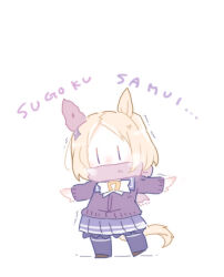  1girl animal_ears beer_hsk black_shoes blonde_hair bow breath brown_jacket brown_scarf chibi covered_mouth fringe_trim horse_ears horse_girl horse_tail jacket narita_top_road_(umamusume) outstretched_arms parted_bangs pleated_skirt purple_skirt purple_thighhighs romaji_text scarf school_uniform shoes simple_background skirt solo spread_arms tail thigh-highs tracen_school_uniform translation_request trembling umamusume white_background white_bow |_| 