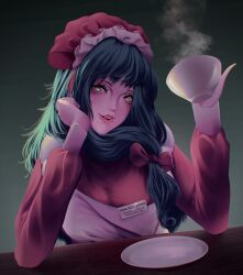  1girl absurdres apron arm_up black_background bow commentary cup dress english_commentary english_text front_ponytail gradient_background green_eyes green_hair grey_background hair_bow hair_ribbon hand_on_own_cheek hand_on_own_face highres holding holding_cup kagiyama_hina klabisot long_hair long_sleeves looking_at_viewer maid maid_apron maid_headdress name_tag parted_lips pinky_out plate red_bow red_dress red_ribbon ribbon smile solo steam table touhou white_apron 