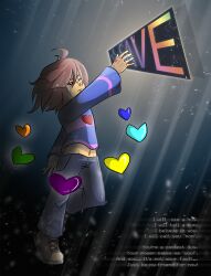  1other 2015 2d ambiguous_gender black_pants blue_shirt blue_soul_(undertale) brown_hair brown_shoes child commentary crying cyan_soul_(undertale) dark dark_background digital_media double_horizontal_stripe english_commentary english_text frisk_(undertale) green_soul_(undertale) heart highres horizontal-striped_clothes human midriff navel orange_soul_(undertale) other_focus pants pink_stripes purple_soul_(undertale) reaching shirt shoes short_hair simple_background sneakers solo striped_clothes striped_shirt tears text toono two-tone_shirt undertale utdr_(toby_fox) yellow_soul_(undertale) 