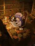  bookshelf candle chair crescent cup geshopu hair_ribbon hat library patchouli_knowledge purple_hair quill reading ribbon sitting solo table teacup teapot touhou voile 