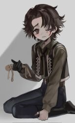  1boy 37mimi_aim belt black_boots black_gloves black_ribbon boots brown_belt brown_eyes brown_hair brown_shirt commentary_request cropped_vest feet_out_of_frame gloves hair_intakes highres holding_figure identity_v looking_at_viewer male_focus matthias_czernin neck_ribbon one_eye_closed puffy_sleeves raised_inner_eyebrows ribbon scar scar_on_face shirt single_glove sitting solo stitched_eye stitched_mouth stitches tareme vest wariza 