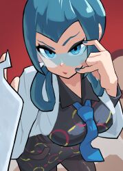  1girl adjusting_eyewear black_dress blue-tinted_eyewear blue_eyes blue_hair blue_necktie coat commentary dress highres lab_coat mable_(pokemon) necktie niisan2023 pokemon pokemon_legends:_z-a red_background safety_glasses simple_background solo tinted_eyewear upper_body white_coat 