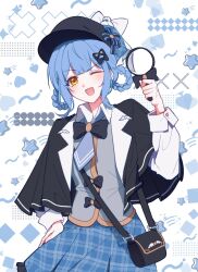  1girl bag bird_hat_ornament black_bag black_bow black_bowtie black_capelet black_hat blue_hair blue_hat blue_necktie blue_skirt blunt_bangs bow bowtie braid braided_hair_rings capelet collared_shirt commentary_request deerstalker detective double-parted_bangs grey_vest hair_bow hair_rings hand_on_own_hip hand_up hat hat_bow highres holding holding_magnifying_glass lapels light_blush long_sleeves looking_at_viewer magnifying_glass mahou_shoujo_no_majo_saiban necktie one_eye_closed open_mouth orange_eyes plaid_clothes plaid_skirt rinevrc2 shirt shoulder_bag skirt sleeve_cuffs smile solo tachibana_sherry two-tone_hat vest white_background white_bow white_shirt 