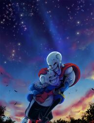  2016 2boys 2d armor artist_name black_shorts blue_jacket blue_shorts boots brothers c-puff cape closed_eyes clouds crying dawn digital_media duo fur-trimmed_jacket fur_trim gloves grass grey_hood hand_on_another's_head happy height_difference hood hood_down hooded_jacket hug humanoid jacket male male_focus male_only monster monster_boy multiple_boys mutual_hug open_clothes open_jacket outdoors papyrus_(undertale) red_boots red_cape red_gloves sans_(undertale) shirt shorts siblings signature single_vertical_stripe skeleton sky star_(sky) starry_sky striped_shorts tears teeth undead undertale utdr_(toby_fox) vertical-striped_clothes vertical-striped_shorts white_armor white_shirt white_stripes 