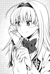  1girl ahoge black_hairband blazer blush bow bowtie bracelet chaos;head commentary_request fingernails greyscale hairband happy_tears highres holding_own_arm ikuhashi_muiko jacket jewelry long_hair looking_to_the_side monochrome nishijou_nanami plaid_bow plaid_bowtie plaid_clothes school_emblem school_uniform science_adventure smile snowflake_pendant solo suimei_academy_school_uniform tears 