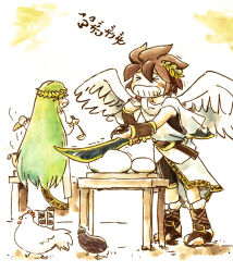  >_< 1boy 1girl angel angel_wings bird blush_stickers brown_hair chicken commentary_request cooking cooking_pot eggplant food holding holding_ladle kid_icarus kid_icarus_uprising ladle laurel_crown long_hair mochi palutena palutena_bow_(kid_icarus) pit_(kid_icarus) very_long_hair wings zeppann 