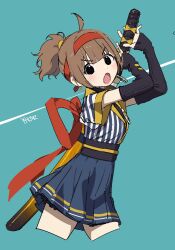  1girl :o black_eyes black_gloves blue_background blue_shirt blue_skirt blunt_bangs blush brown_hair commentary cropped_legs dot_nose gloves headband highres holding holding_sword holding_weapon imadake_dabuchi_tabemi looking_at_viewer mcdonald's open_mouth pleated_skirt ponytail red_headband samurai_tamago_tabemi shirt short_hair short_ponytail short_sleeves signature skirt solo striped_clothes striped_shirt sword symbol-only_commentary v-shaped_eyebrows vertical-striped_clothes vertical-striped_shirt weapon wide_sleeves yutokamizu 