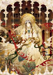  1girl absurdres artist_request bead_necklace beads behind_prayers_(infinity_nikki) black_hair blue_gloves choker closed_eyes commentary copyright_logo crown dragon dress earrings english_commentary expressionless eyelashes eyeshadow feet_out_of_frame frilled_sleeves frills gem gloves gold_choker gold_crown gown hair_between_eyes hair_over_shoulder highres indoors infinity_nikki interlocked_fingers jewelry layered_sleeves logo long_dress long_hair long_sleeves makeup necklace nikki_(series) official_art own_hands_clasped own_hands_together parted_lips pillar red_gemstone second-party_source see-through_clothes see-through_veil short_over_long_sleeves short_sleeves solo veil very_long_hair wavy_hair western_dragon white_dress white_veil yellow_eyeshadow 