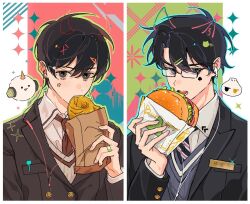  2boys animal_ears biyoo_(omniscient_reader's_viewpoint) black_coat black_hair blue_vest burger cat_ears character_name coat collared_shirt demon_horns double-parted_bangs drawn_ears drawn_horns eating facial_mark fish food foodification glasses hair_between_eyes horns imminent_bite kim_dokja korean_text looking_at_viewer male_focus multiple_boys name_tag necktie omniscient_reader's_viewpoint red_necktie shirt short_hair spade_(shape) spade_facial_mark star_(symbol) star_facial_mark striped_necktie twle upper_body vest white_shirt white_vest yoo_joonghyuk 