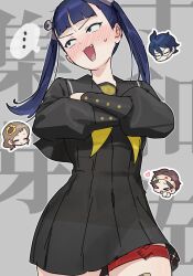  ... 1boy 1girl 3girls :d ace_attorney averting_eyes bandaid bandaid_on_knee bandaid_on_leg black_dress black_eyes black_sailor_collar black_serafuku black_shirt black_skirt blue_eyes blue_hair blunt_bangs blush brown_hair buttons chibi chibi_inset closed_eyes cowboy_shot crossed_arms dress ear_blush embarrassed facing_viewer fang flower furrowed_brow glasses grey_background hair_flower hair_ornament headband highres hugh_o'conner juniper_woods long_hair long_sleeves looking_to_the_side multiple_girls myriam_scuttlebutt neckerchief nervous_smile nose_blush nyak_il open_mouth outline phoenix_wright:_ace_attorney_-_dual_destinies pleated_dress pleated_skirt puffy_long_sleeves puffy_sleeves robin_newman sailor_collar school_uniform serafuku shirt short_bangs short_dress short_hair skin_fang skirt smile solo_focus spoken_ellipsis sweatdrop text_background thigh_strap tsundere twintails v-shaped_eyebrows white_headband white_outline yellow_neckerchief 