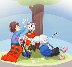  1other 2021 2boys 2d ambiguous_gender ankle_boots armor black_shorts blue_background blue_jacket blue_shirt blue_shorts boots brothers brown_boots brown_hair cape child closed_eyes digital_media double_horizontal_stripe drawstring flower flower_wreath frisk_(undertale) full_body gloves gradient_background grey_hood hands_in_pockets head_wreath height_difference holding holding_wreath hollow_eyes hood hood_down hooded_jacket horizontal-striped_clothes human humanoid jacket knees_up male monster monster_boy multiple_boys open_clothes open_jacket papyrus_(undertale) pink_slippers pink_stripes red_boots red_cape red_gloves sakito_(mg_1016) sans_(undertale) shirt short_hair shorts siblings simple_background single_vertical_stripe sitting skeleton sleeping slippers socks striped_clothes striped_shirt striped_shorts teeth tree trio two-tone_background two-tone_shirt undead undertale utdr_(toby_fox) vertical-striped_clothes vertical-striped_shorts white_armor white_background white_shirt white_socks white_stripes wreath zzz 