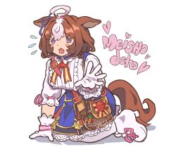  1girl ahoge animal_ears bag between_breasts blue_dress blush blush_stickers breasts brown_hair double-parted_bangs dress ear_ribbon fallen_down flapjastic gloves hair_between_eyes hairband headband heart highres horse_ears horse_girl horse_tail large_breasts long_sleeves looking_at_viewer medium_hair meisho_doto_(turbulent_blue)_(umamusume) meisho_doto_(umamusume) multicolored_hair open_mouth outstretched_arm pantyhose pink_hairband pink_headband shoulder_bag solo strap_between_breasts tail two-tone_hair umamusume violet_eyes white_dress white_gloves white_hair white_pantyhose 