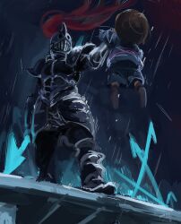  1girl 1other 2018 2d ambiguous_gender ankle_boots armor blue_shorts blue_sweater boots breastplate brown_boots brown_hair child digital_media double_horizontal_stripe duo female female_only floating_hair frisk_(undertale) from_below gauntlets height_difference helmet high_ponytail highres holding holding_polearm holding_spear holding_weapon horizontal-striped_clothes human lifting_person long_hair monster monster_girl pauldrons pink_stripes polearm ponytail rain red_hair seki_(vcyr2733) short_hair shorts size_difference spear standing striped_clothes striped_sweater sweater two-tone_sweater undertale undyne utdr_(toby_fox) weapon 