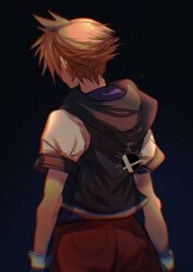  1boy brown_hair chromatic_aberration commentary english_commentary film_grain from_behind highres hood hooded_jacket jacket kingdom_hearts kingdom_hearts_i male_focus red_shorts sera_(serappi) short-sleeved_jacket short_sleeves shorts solo sora_(kingdom_hearts) super_smash_bros. super_smash_bros._logo upper_body 