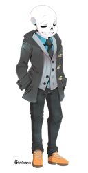  1boy 2019 2d alternate_costume aqua_shirt artist_name black_pants black_tie collared_shirt digital_media full_body grey_coat grey_vest half-closed_eye hand_in_pocket hood hooded_jacket male male_focus male_only necktie one_eye_closed open_clothes open_coat orange_shoes pants partially_unbuttoned sans_(undertale) shirt simple_background sneakers solo standing undertale utdr_(toby_fox) vest white_background zwagyzonk 