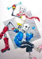  2021 2boys 2d armor black_shorts blue_jacket blue_shorts bone boots brothers cape duo full_body gloves grey_hood heart height_difference hollow_eyes hood hood_down hooded_jacket humanoid jacket male male_focus male_only monster monster_boy multiple_boys open_clothes open_jacket papyrus_(undertale) pink_slippers red_boots red_cape red_gloves sakito_(mg_1016) sans_(undertale) shirt shorts siblings simple_background single_vertical_stripe skeleton slippers socks striped_shorts teeth traditional_media undead undertale utdr_(toby_fox) vertical-striped_clothes vertical-striped_shorts white_armor white_background white_shirt white_socks white_stripes 