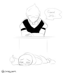  2017 2boys 2d animated animated_gif artist_name bartender black_vest blush_stickers bowtie digital_media duo elemental_(creature) english_text fire_elemental flaming_head full_body glasses grillby hood hood_down hooded_jacket humanoid jacket looping_animation lying male male_focus male_only monochrome monster monster_boy multiple_boys no_mouth no_nose on_stomach sans_(undertale) shirt shorts simple_background skeleton sketch slippers socks speech_bubble teeth text thumbs_up undead undertale uniform utdr_(toby_fox) vest white_background zwagyzonk 