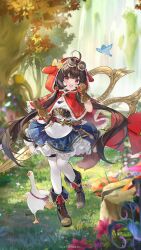  1girl :d ahoge animal animal_ear_hood bird black_boots blue_flower boots bow brown_eyes brown_gloves brown_hair character_request fang flower full_body gloves goggles goggles_on_head goose highres hood hood_up houchi_shoujo long_hair low_twintails mushroom official_art outdoors pale_skin petticoat pink_flower red_flower red_hood scissors skin_fang smile thigh-highs twintails very_long_hair water waterfall white_thighhighs yellow_bow 