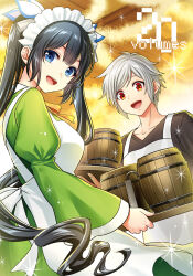  1boy 1girl :d apron bell_cranel black_hair black_shirt blue_eyes breasts dress dungeon_ni_deai_wo_motomeru_no_wa_machigatteiru_darou_ka green_dress hestia_(danmachi) highres holding holding_tray juliet_sleeves long_hair long_sleeves looking_at_viewer maid_headdress medium_breasts neck_ribbon novel_illustration official_art open_mouth orange_ribbon puffy_sleeves red_eyes ribbon shirt short_hair sidelocks smile taisei_yamachi tankard third-party_source tray twintails white_apron white_hair white_headdress wide_sleeves 