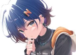  1girl absurdres belle_(zenless_zone_zero) black_nails black_shirt blue_eyes blue_hair closed_mouth commentary_request crossed_bangs earclip earrings hair_between_eyes hair_ornament hand_up highres jewelry kuronekootuta letter_hair_ornament looking_at_viewer necklace portrait print_shirt shirt short_hair simple_background solo sweatdrop white_background zenless_zone_zero 