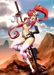  belt bikini_top boots breasts chopsticks cloud detached_sleeves fingerless_gloves genzoman gloves gun hair_ornament hand_on_hip legs lips long_hair midriff outdoors pink_legwear ponytail red_eyes red_hair redhead rifle scarf short_shorts shorts single_elbow_glove single_glove skull skull_hair_ornament sky sniper_rifle solo tengen_toppa_gurren_lagann thigh-highs thighhighs under_boob underboob weapon yoko_littner yoko_ritona 