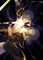  1boy 1girl artist_name caelus_(honkai:_star_rail) closed_eyes closed_mouth commentary dual_persona grey_hair highres holding holding_sword holding_weapon honkai:_star_rail honkai_(series) human_scabbard night night_sky rune_(rne_at) sky stelle_(honkai:_star_rail) sword symbol-only_commentary trailblazer_(honkai:_star_rail) twitter_username weapon yellow_eyes 