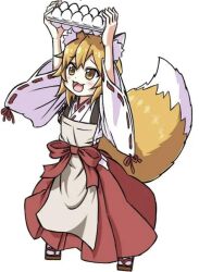 1girl animal_ears egg egg_(food) fox_ears fox_girl fox_tail happy open_mouth senko_(sewayaki_kitsune_no_senko-san) sewayaki_kitsune_no_senko-san short_hair tray