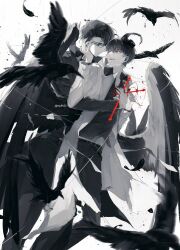  2boys belt bird black_coat black_eyes black_hair black_shirt black_wings coat collared_shirt cross crow curtained_hair demon_horns feathered_wings feet_out_of_frame hand_on_another's_chin head_on_another's_shoulder highres holding holding_cross holding_hands horns hug hug_from_behind kim_dokja looking_at_another looking_back male_focus multiple_boys omniscient_reader's_viewpoint open_clothes open_coat partially_colored red_eyes shirt short_hair twle white_coat wings yoo_joonghyuk 
