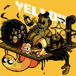  1girl 3boys 9aaaalt29 :d adventure_time annoyed barefoot bear_boy bendy bendy_and_the_ink_machine black_eyes black_hat cable character_request color_connection commentary copyright_request crossover deltarune dog_boy faceless_hood five_nights_at_freddy's flower flowey_(undertale) freddy_fazbear full_body furry furry_male gloves grid_teeth grin hat highres holding holding_flower hollow_eyes hood hood_up hooded_jacket horns industrial_pipe ink jacket jake_the_dog jitome lantern little_nightmares long_sleeves multiple_boys multiple_crossover no_mouth open_mouth pixel_art simple_background single_glove sitting six_(little_nightmares) smile sparkle sweatdrop symbol-only_commentary teeth the_original_starwalker top_hat undertale utdr_(toby_fox) wooden_floor yellow_background yellow_flower yellow_jacket 