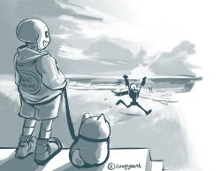  2017 2boys 2d animal annoying_dog artist_name black_shorts brothers digital_media dog full_body holding holding_leash hood hood_down hooded_jacket humanoid jacket leash male male_focus male_only monochrome monster monster_boy multiple_boys open_clothes open_jacket papyrus_(undertale) sans_(undertale) scenery shirt siblings simple_background skeleton slippers socks striped_shorts teeth trio undead undertale utdr_(toby_fox) vertical-striped_clothes vertical-striped_shorts white_background zwagyzonk 