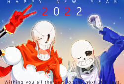  >_o 2022 2boys 2d armor blue_background blue_jacket brothers cape digital_media double_v duo english_text gloves gradient_background grey_hood happy_new_year height_difference hollow_eyes hood hood_down hooded_jacket humanoid jacket male male_focus male_only monster monster_boy multiple_boys new_year one_eye_closed open_clothes open_jacket open_mouth orange_background papyrus_(undertale) portrait red_cape red_gloves sakito_(mg_1016) sans_(undertale) shirt siblings simple_background skeleton sparkle teeth text two-tone_background undead undertale utdr_(toby_fox) v white_armor white_shirt 