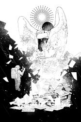  2boys astronaut black_hair book book_stack commentary_request curled_up disintegration elbows_on_knees falling_paper feathered_wings floating greyscale head_down helmet highres kim_dokja male_focus mini_person miniboy monochrome multiple_boys official_alternate_costume omniscient_reader's_viewpoint outstretched_arm sanjinmogufufu short_hair size_difference space_helmet spacesuit too_many too_many_books too_many_papers white_wings wings yoo_joonghyuk 