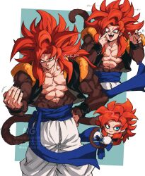  1boy biceps blue_eyes blue_sash body_fur dragon_ball dragon_ball_gt gogeta highres looking_at_viewer male_focus metamoran_vest monkey_boy monkey_tail muscular muscular_male no_nipples pants pectorals red_hair relio_db318 sash simple_background smile solo spiky_hair super_saiyan super_saiyan_4 tail veins veiny_hands white_pants 