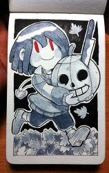  1other 2018 2d ambiguous_gender black_background chara_(undertale) child halloween heart_necklace holding holding_vegetable horizontal-striped_clothes human inktober jewelry knife leaf monochrome necklace other_focus pen_(medium) photo_(medium) pumpkin red_eyes running shoes short_hair shorts simple_background single_horizontal_stripe solo spot_color striped_clothes striped_sweater sweater traditional_media two-tone_sweater undertale utdr_(toby_fox) vegetable white_background zwagyzonk 