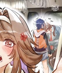  1boy 2girls 7aizagatha belle_(zenless_zone_zero) black_shirt blue_hair blush brown_hair closed_eyes closed_mouth dated droopy_ears flying_sweatdrops from_behind glasses green_suit hairband hashtag-only_commentary head_on_chest heart heart_in_eye highres indoors multiple_girls necktie open_mouth red_necktie shirt short_hair sound_effects suit symbol_in_eye train_interior trembling white_hairband ye_shiyuan ye_shunguang zenless_zone_zero 